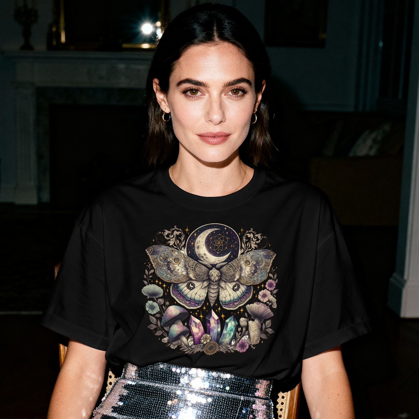 Woman wearing a black t-shirt with a colorful moth design at a formal event.
