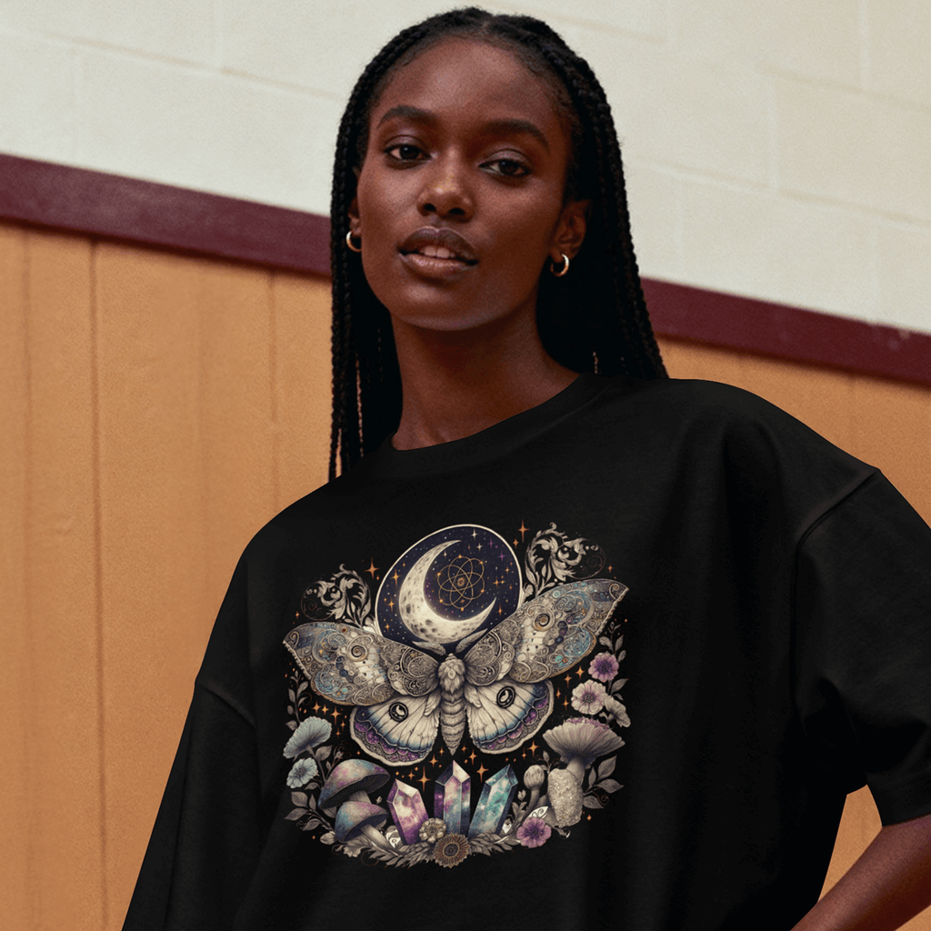 lifestyle side angle Black t-shirt Luna Moth-Moon-Crystal