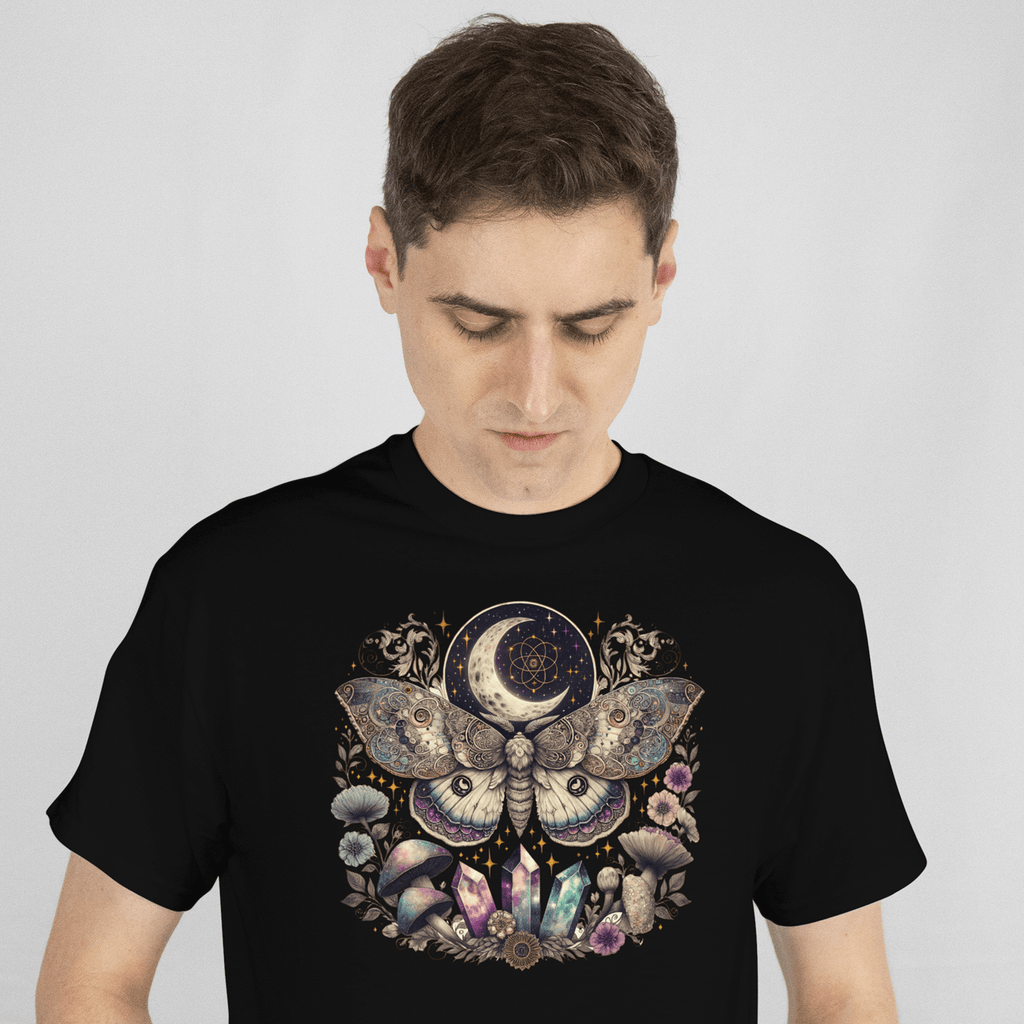 lifestyle front view Black t-shirt Luna Moth-Moon-Crystal