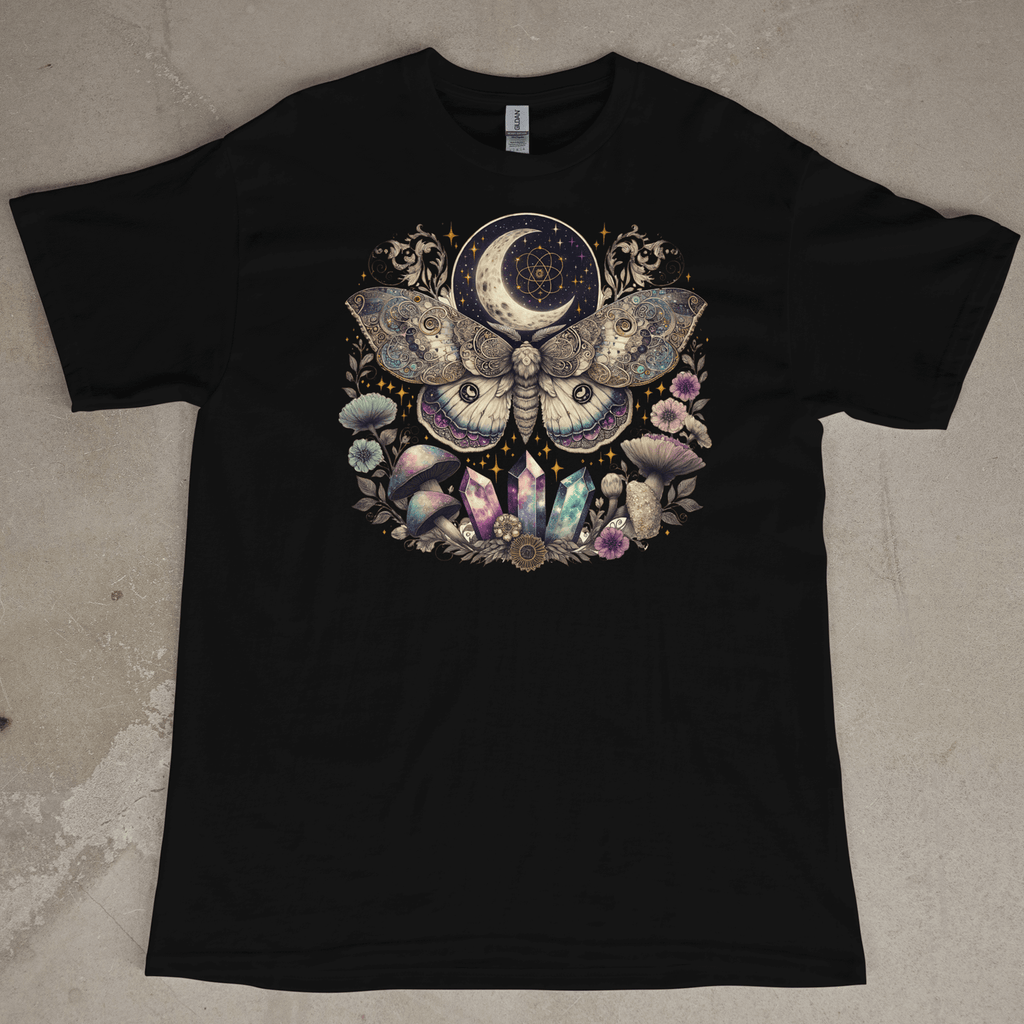 Front viewBlack t-shirt Luna Moth-Moon-Crystal