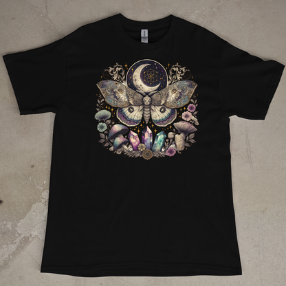 Black t-shirt with a colorful Moth and moon design on a textured surface