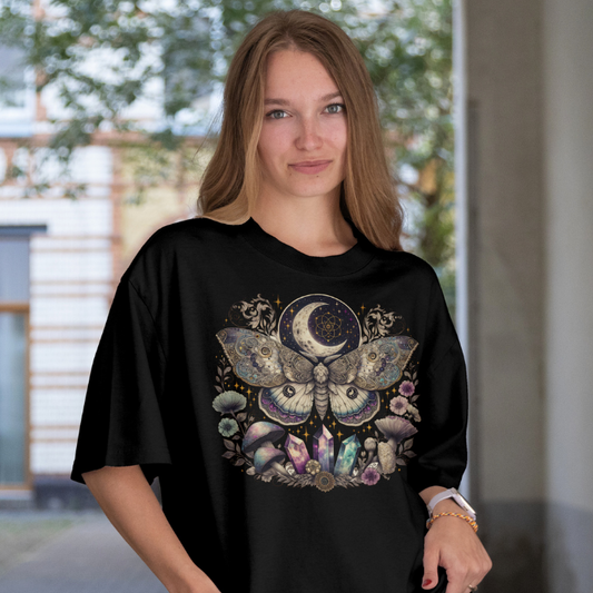Front View on Model
Woman wearing a black t-shirt with a colorful butterfly design featuring a moon and crystals.