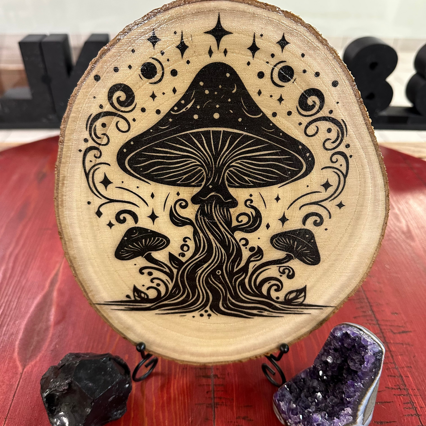 Close Up - Front View on a stand magical mushrooms wall art