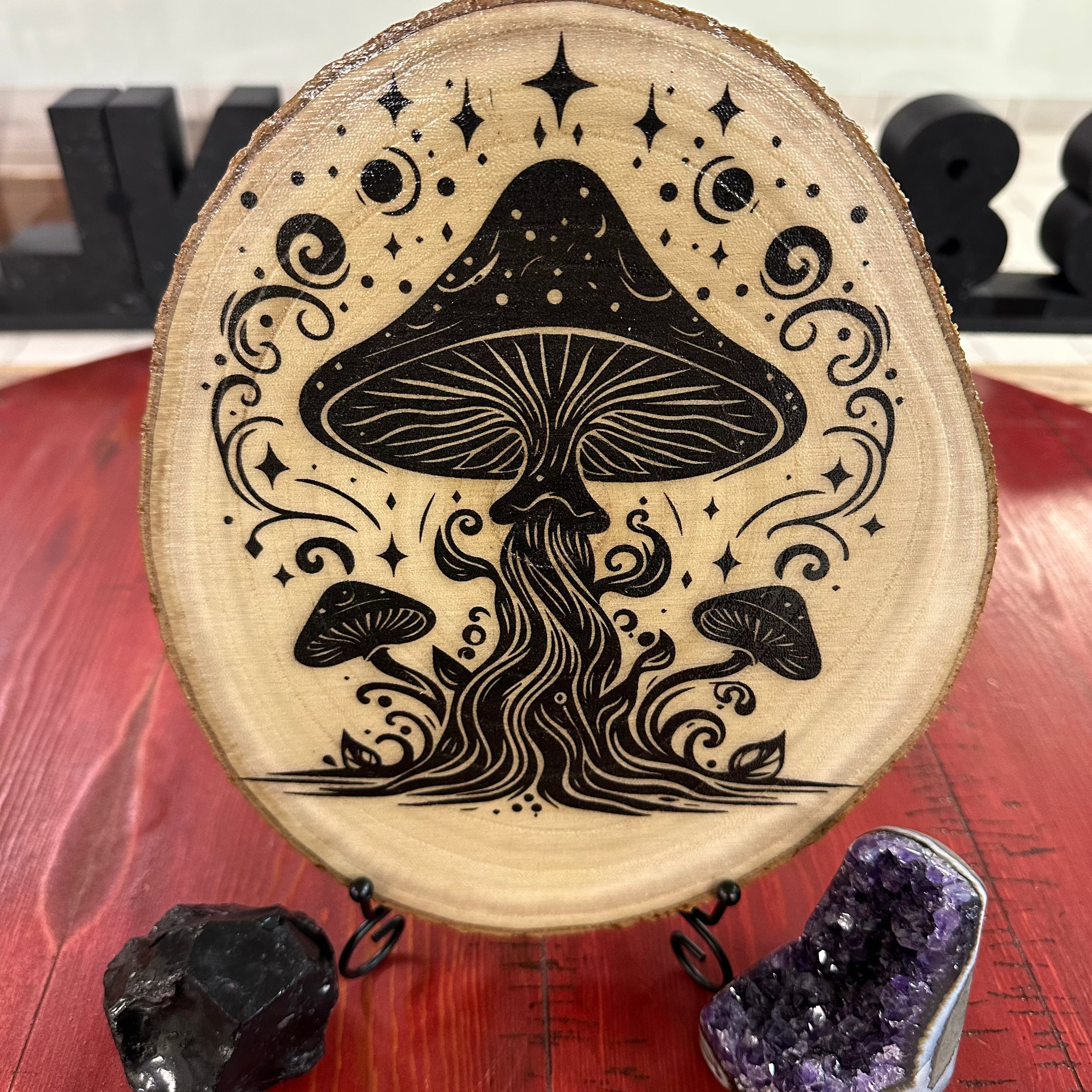 Close Up - Front View on a stand magical mushrooms wall art