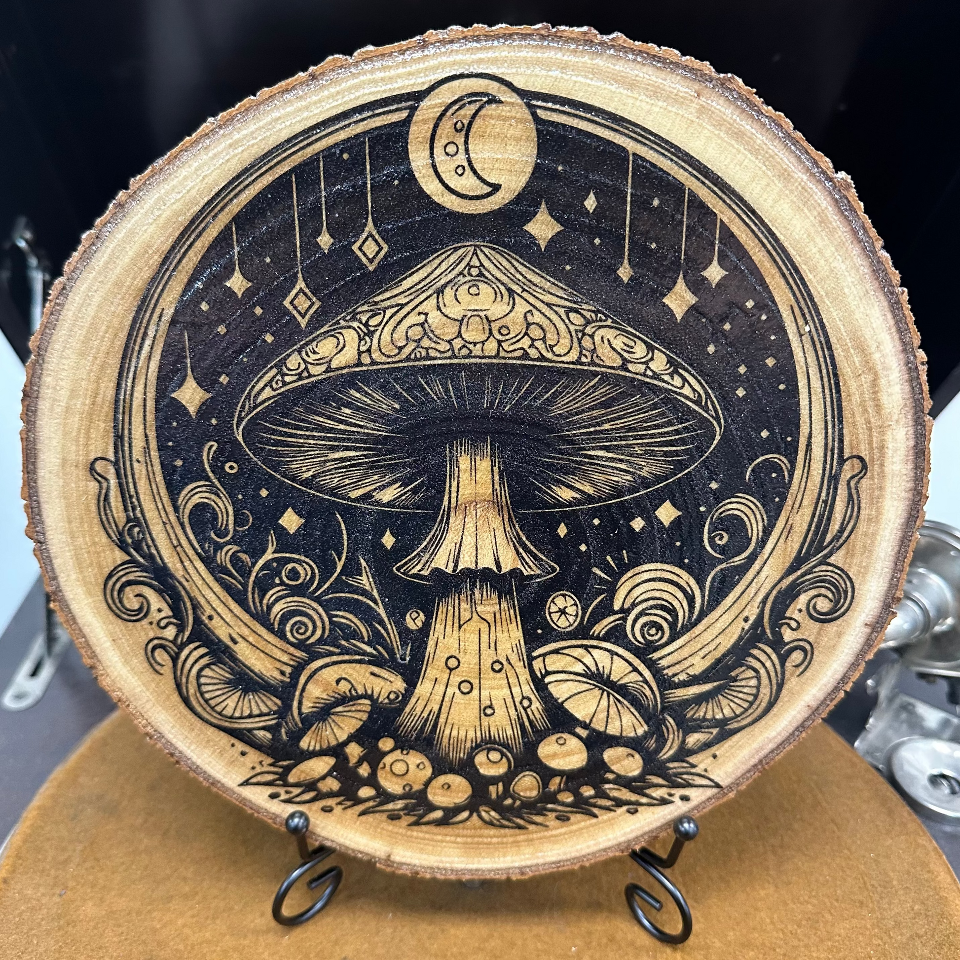 Close Up - Front View on a stand
Magical mushroom night laser engraved birch wood round home décor
