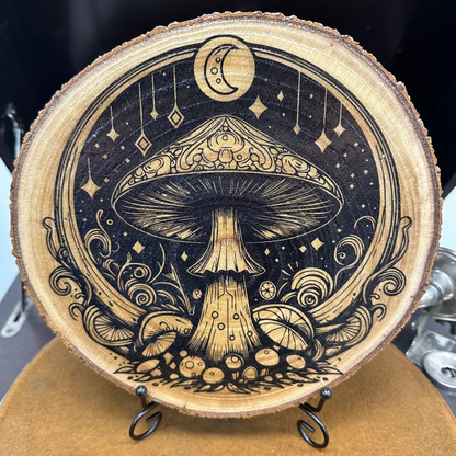 Close Up - Front View on a stand
Magical mushroom night laser engraved birch wood round home décor
