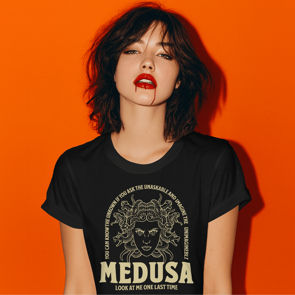 lifestyle Woman wearing aBlack t-shirt 100 percent USA Cotton - Medusa 