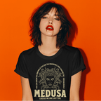 lifestyle Woman wearing aBlack t-shirt 100 percent USA Cotton - Medusa 