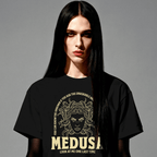 lifestyle -front view lady wearing a Black t-shirt 100 percent USA Cotton - Medusa 