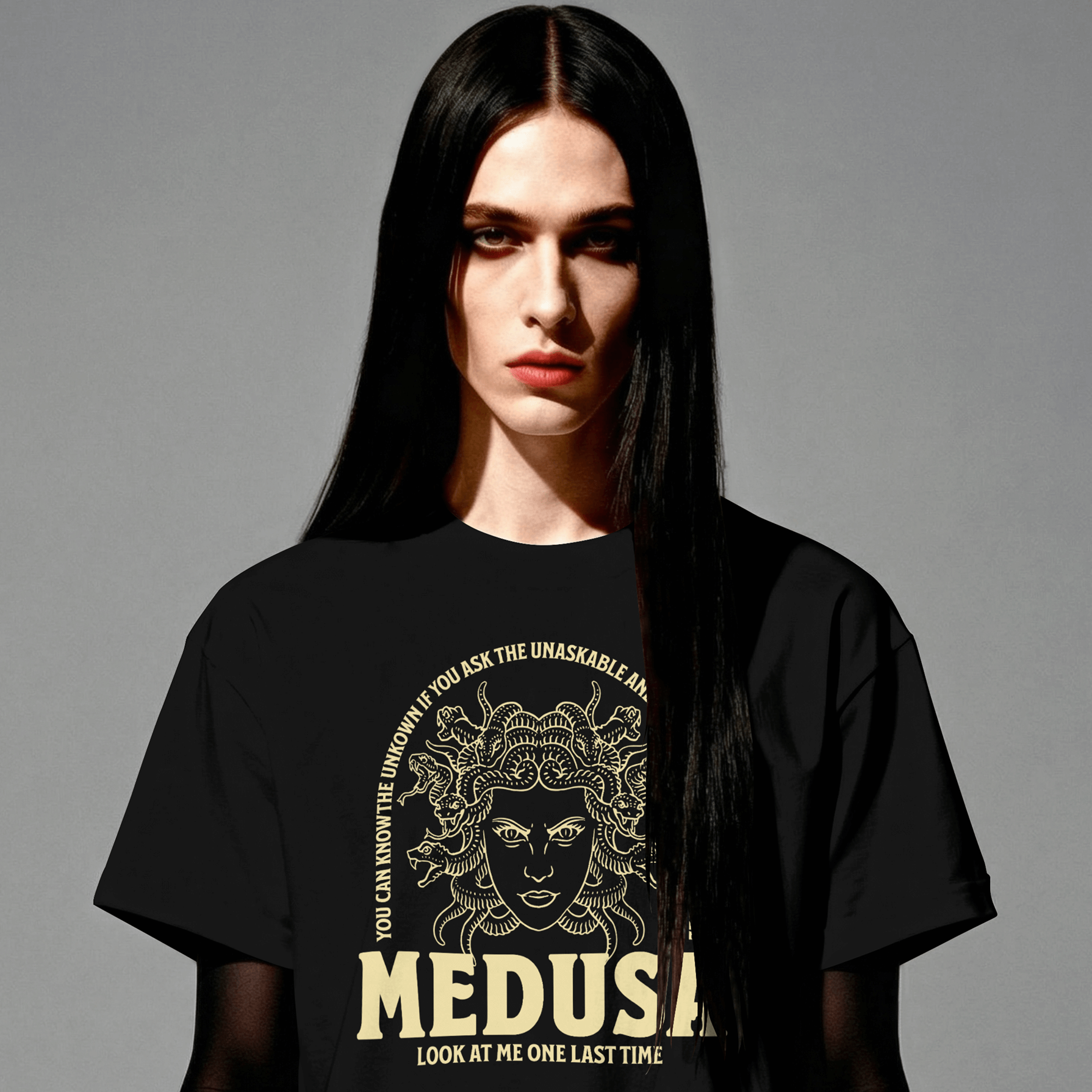 lifestyle -front view lady wearing a Black t-shirt 100 percent USA Cotton - Medusa 
