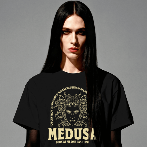 lifestyle -front view lady wearing a Black t-shirt 100 percent USA Cotton - Medusa 