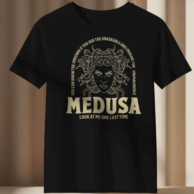 Front View
Black t-shirt with Medusa graphic and text on a neutral background