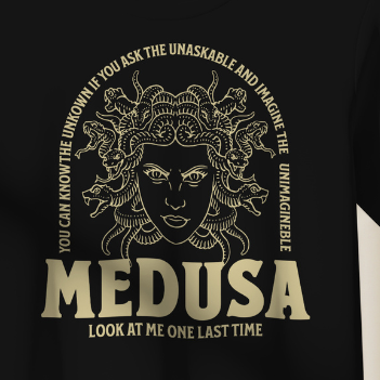 Close Up - Front View
Black t-shirt with Medusa graphic and text on a black background