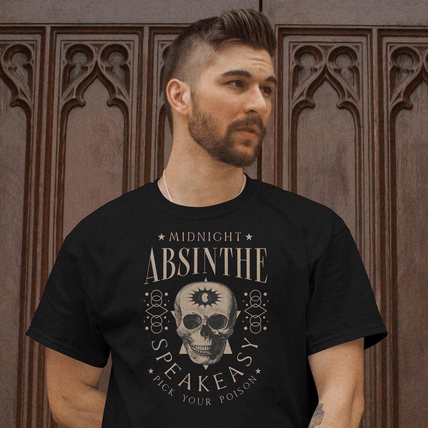 Man wearing a Black Cotton T-Shirt Midnight Absinthe