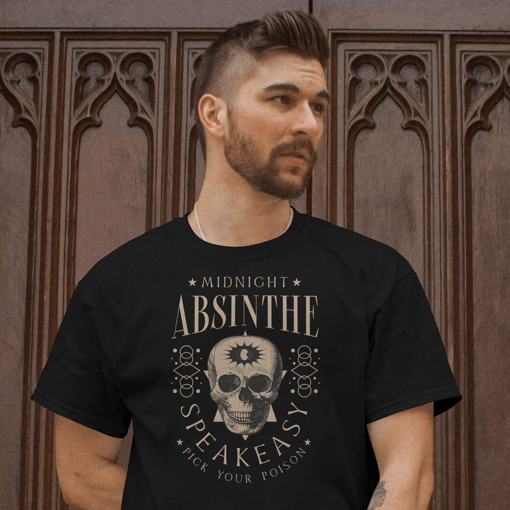 Man wearing a Black Cotton T-Shirt Midnight Absinthe
