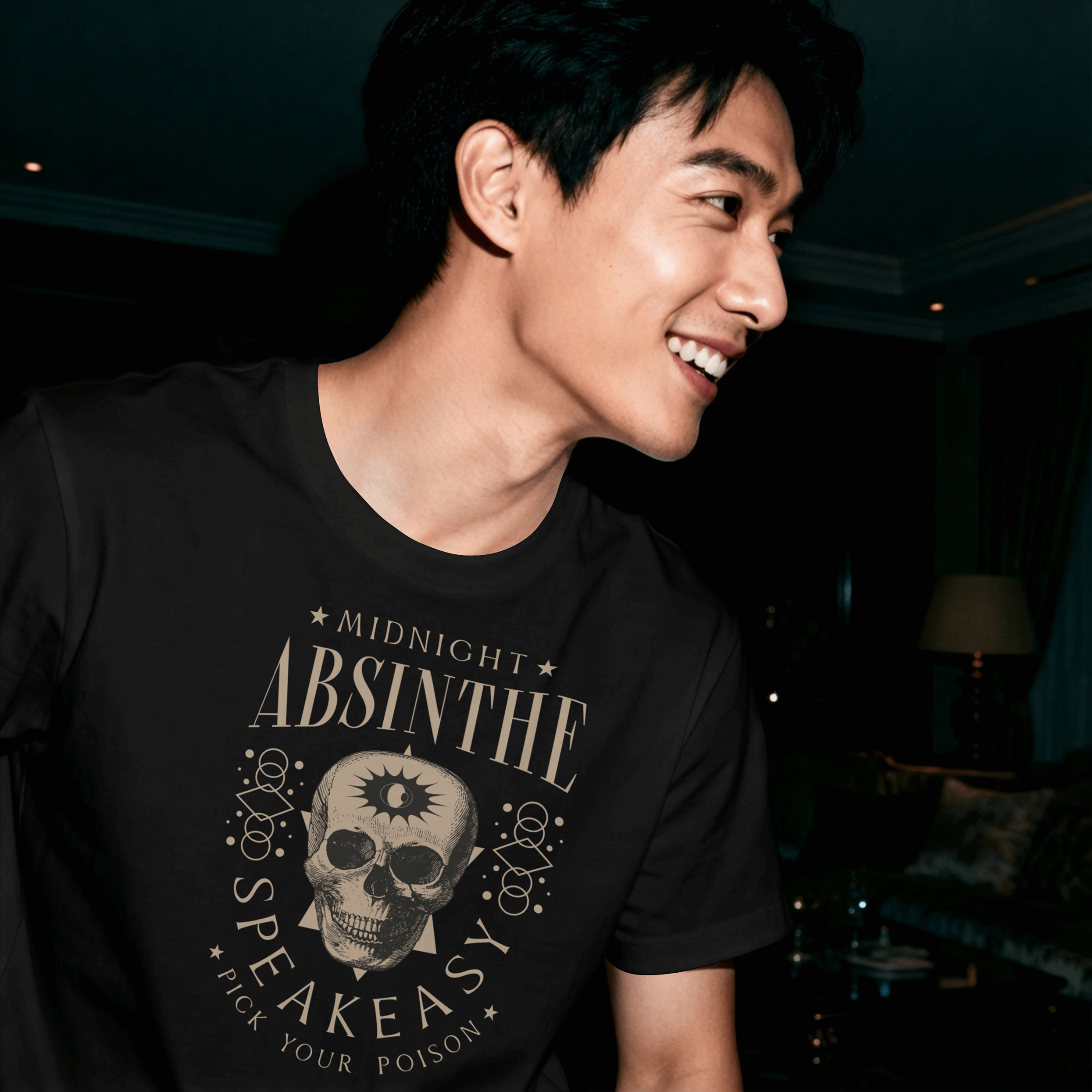 Man wearing a Black Cotton T-Shirt Midnight Absinthe