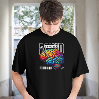 Front View worn by a model. 
Person wearing a black t-shirt with a colorful brain design and text.