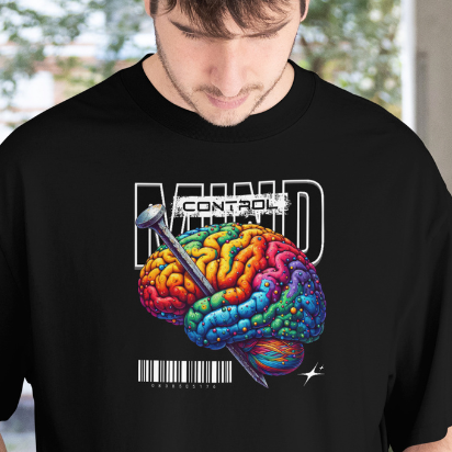 Front View
Person wearing a black t-shirt with a colorful brain graphic and text.