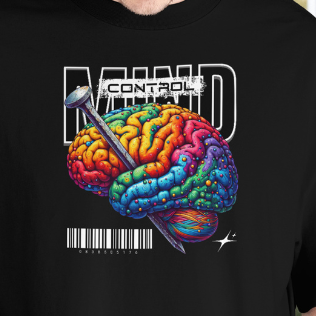 Close Up - Front View- Worn by a model
Black t-shirt with a colorful brain graphic and text Mind Control, on a black background