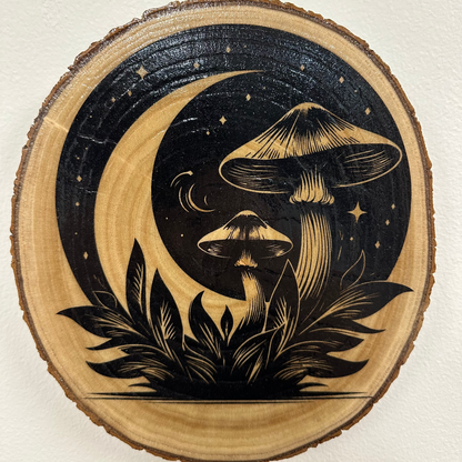 Close Up - Top View Laser Engraved Wood Home Decor Moon & Mushroom