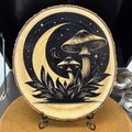 Close Up - Front View on a stand Laser Engraved Wood Home Decor Moon & Mushroom