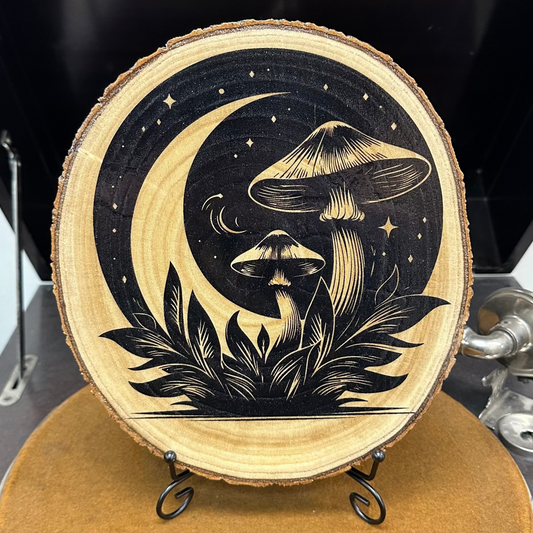 Close Up - Front View on a stand
Moon and mushrooms laser engraved birch wood round home décor