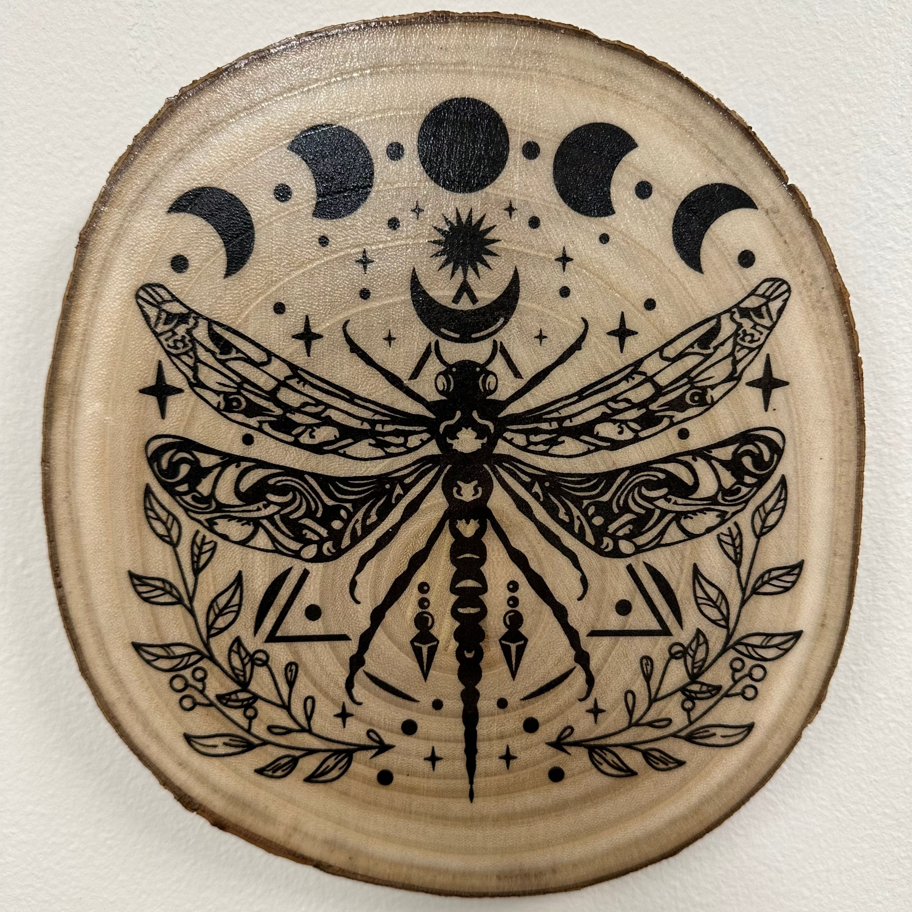 Close Up - Top View Laser Engraved Wood Home Decor Dragonfly & Moon