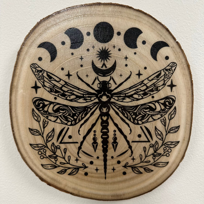 Close Up - Top View Laser Engraved Wood Home Decor Dragonfly & Moon