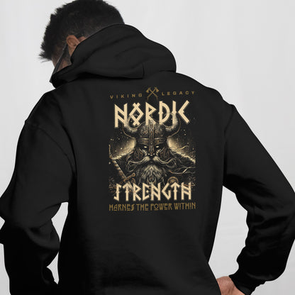 Back View
Black hoodie with Nordic design on the back, worn by a person against a white background