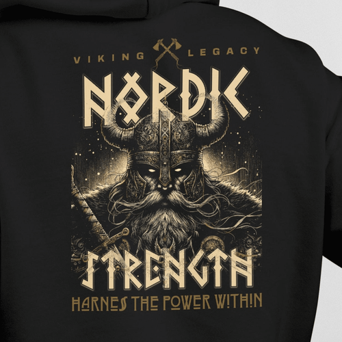 Close up BlackNordic Strength heavyweight Hoodie for outdoor wear  heavyweight 13 oz hoodie for outdoor wear
