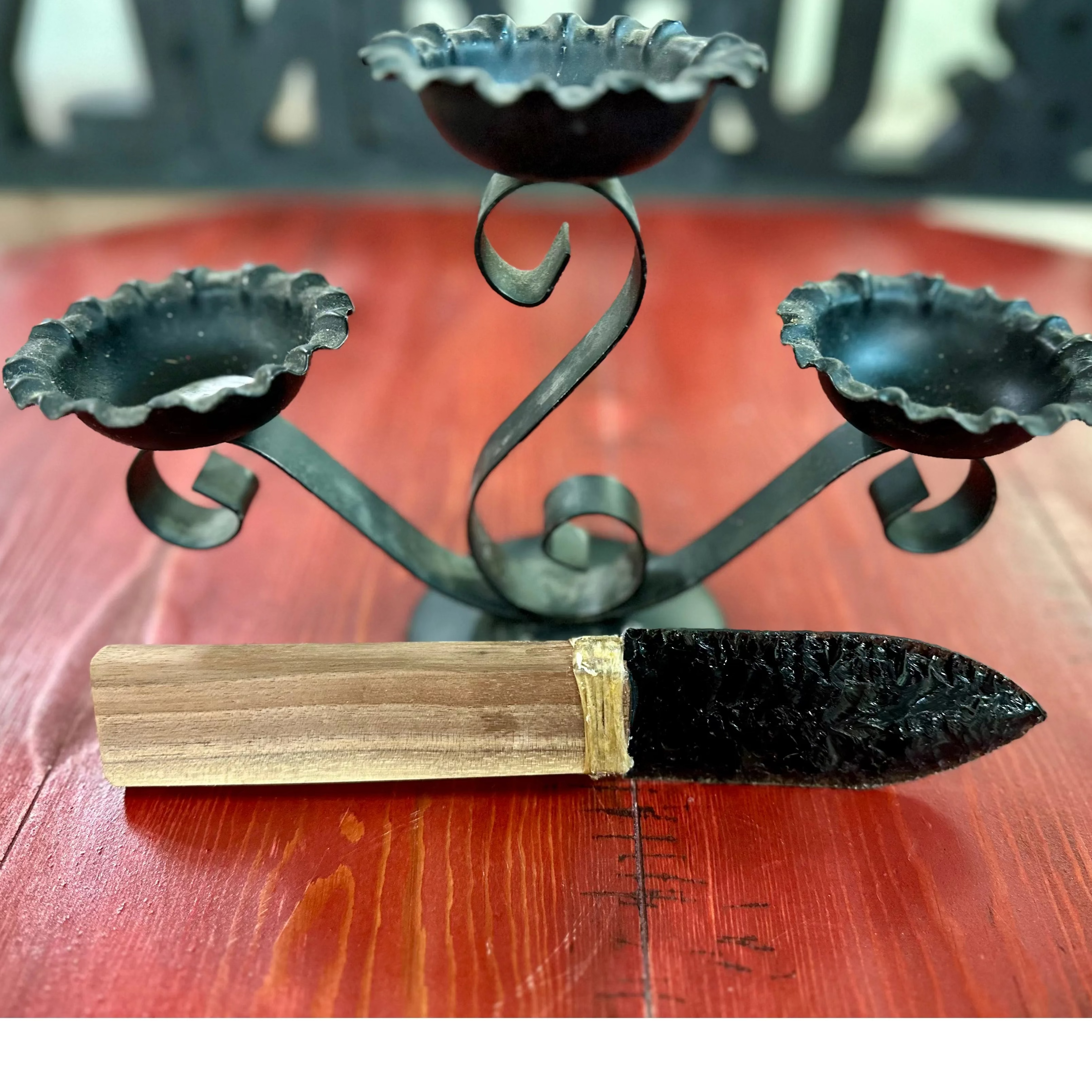 Front view Obsidian Knife Cherry Wood Handle Decor only 