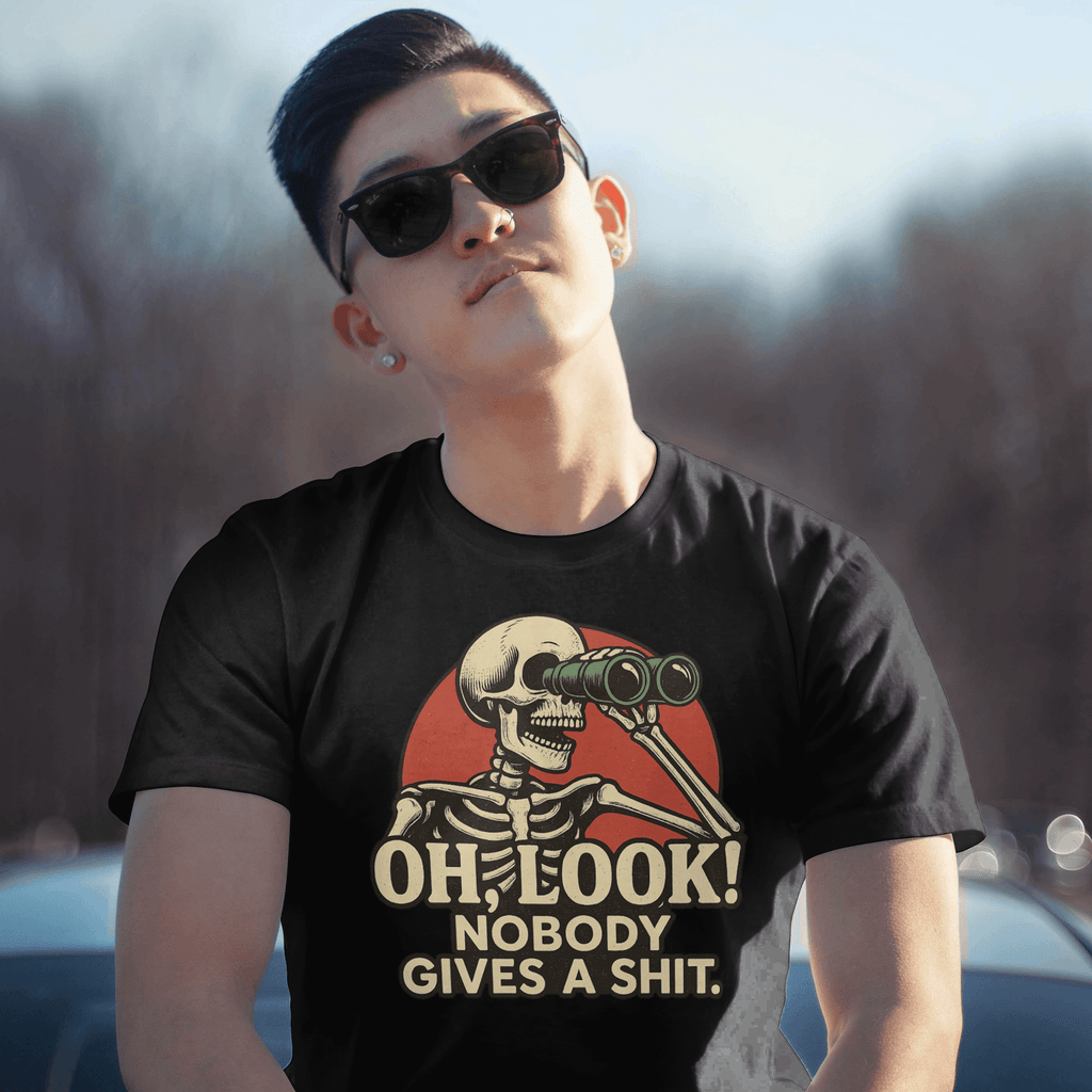 Person wearing a Black Gildan Oh Look Nobody Gives a Shit T-Shirt 
