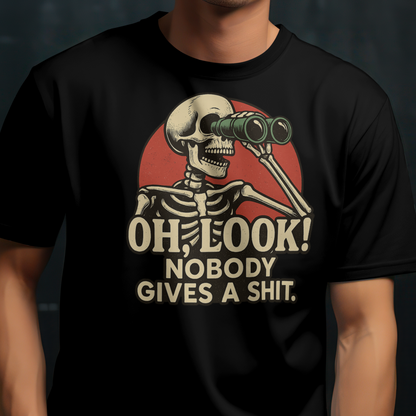 Person wearing a black t-shirt with a skeleton design and text.