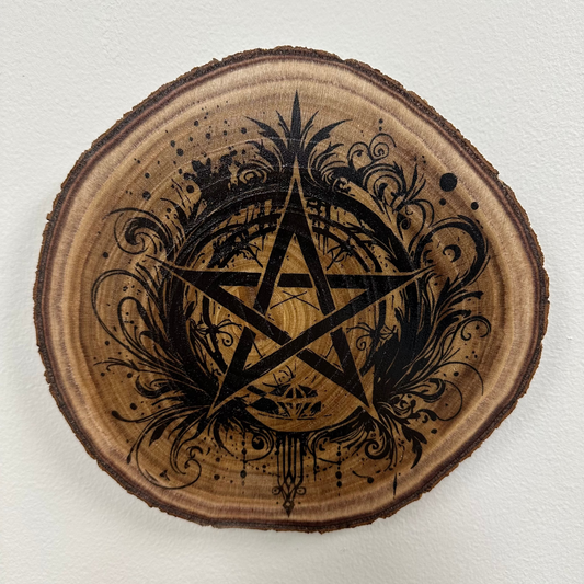 Close Up - Top  View
Painted pentagram birch wood round Gothic home décor
