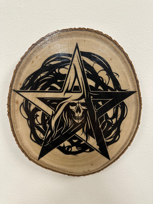 Close Up - Top View
Pentagram with skull laser engraved birch wood round Gothic home décor
