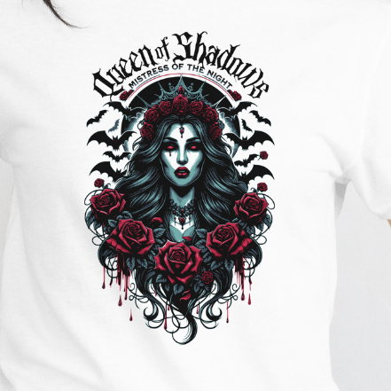 Close Up - Front View
White t-shirt with a graphic design of a woman with roses and text "Queen Of Shadows' on a plain background