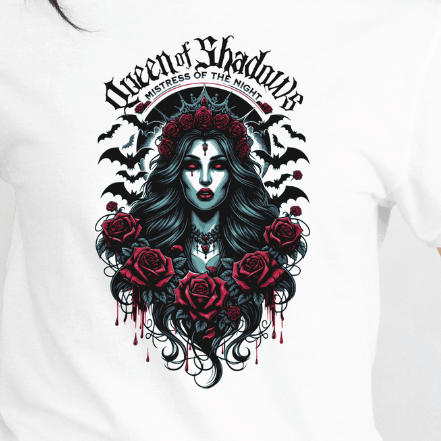 Close Up - Front View White Queen of Shadows t-shirt 