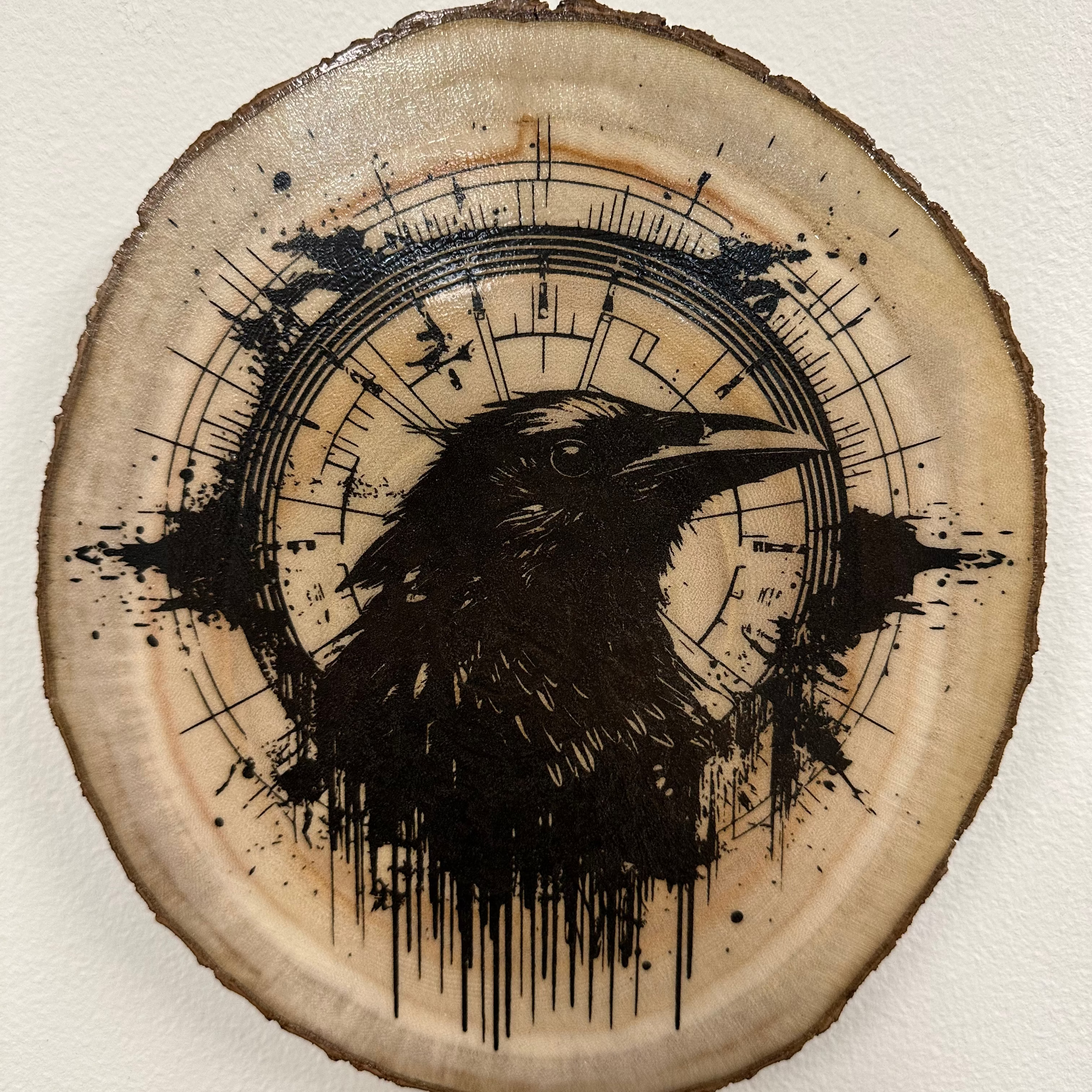 Close Up - Top View Birch Wood Laser Engraved Home Decor Raven Compass
