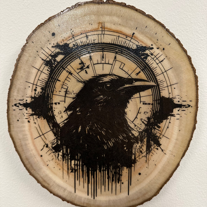 Close Up - Top View
Close-up detail of raven compass laser engraving on birch wood round
