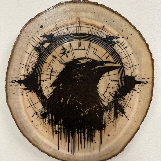 Close Up - Top View
Close-up detail of raven compass laser engraving on birch wood round
