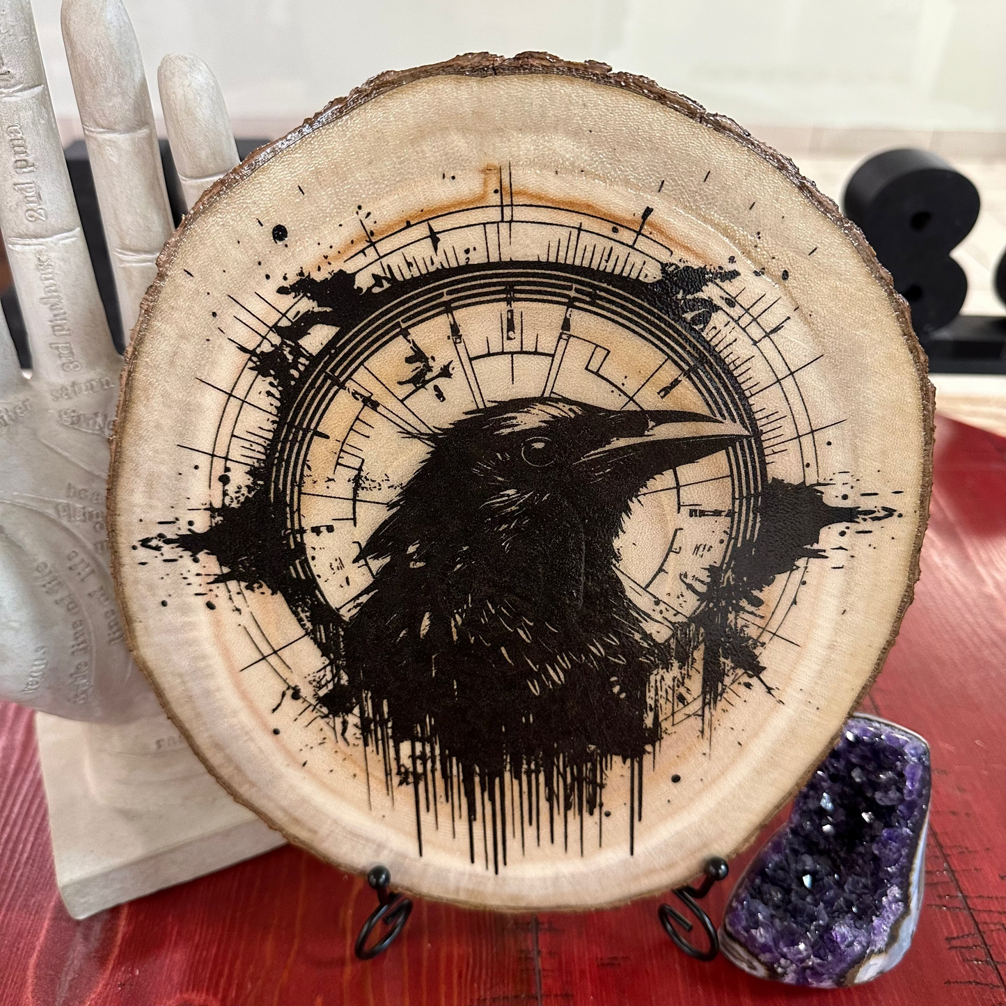 Close Up - Front View on a stand
Raven compass laser engraved birch wood round rustic home décor