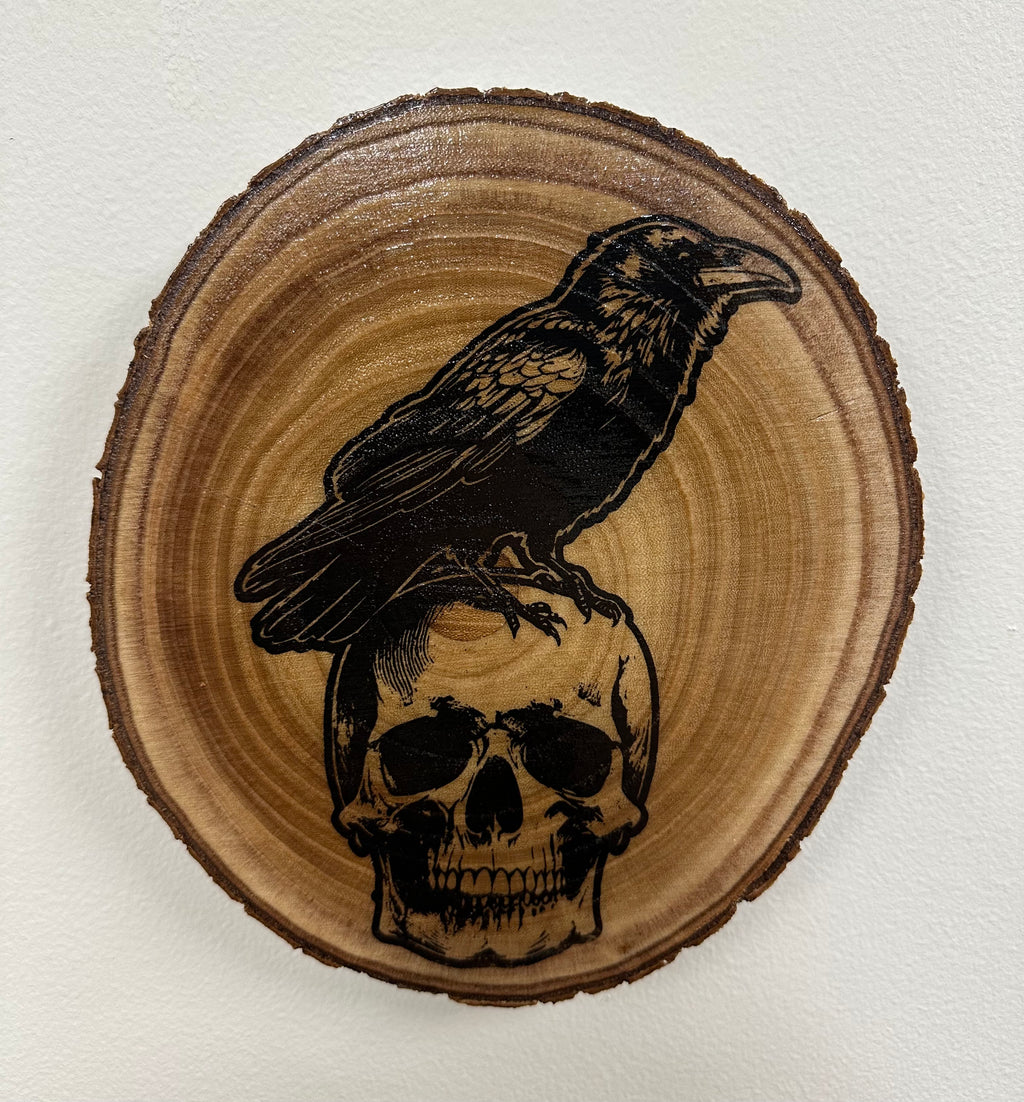 Close Up - Top View Laser Wood Art Raven On Skull  Rustic home decor 