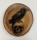 Close Up - Top View Laser Wood Art Raven On Skull  Rustic home decor 