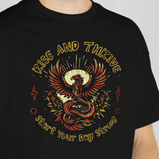 Close Up - Front View Black Rise and Thrive t-shirt