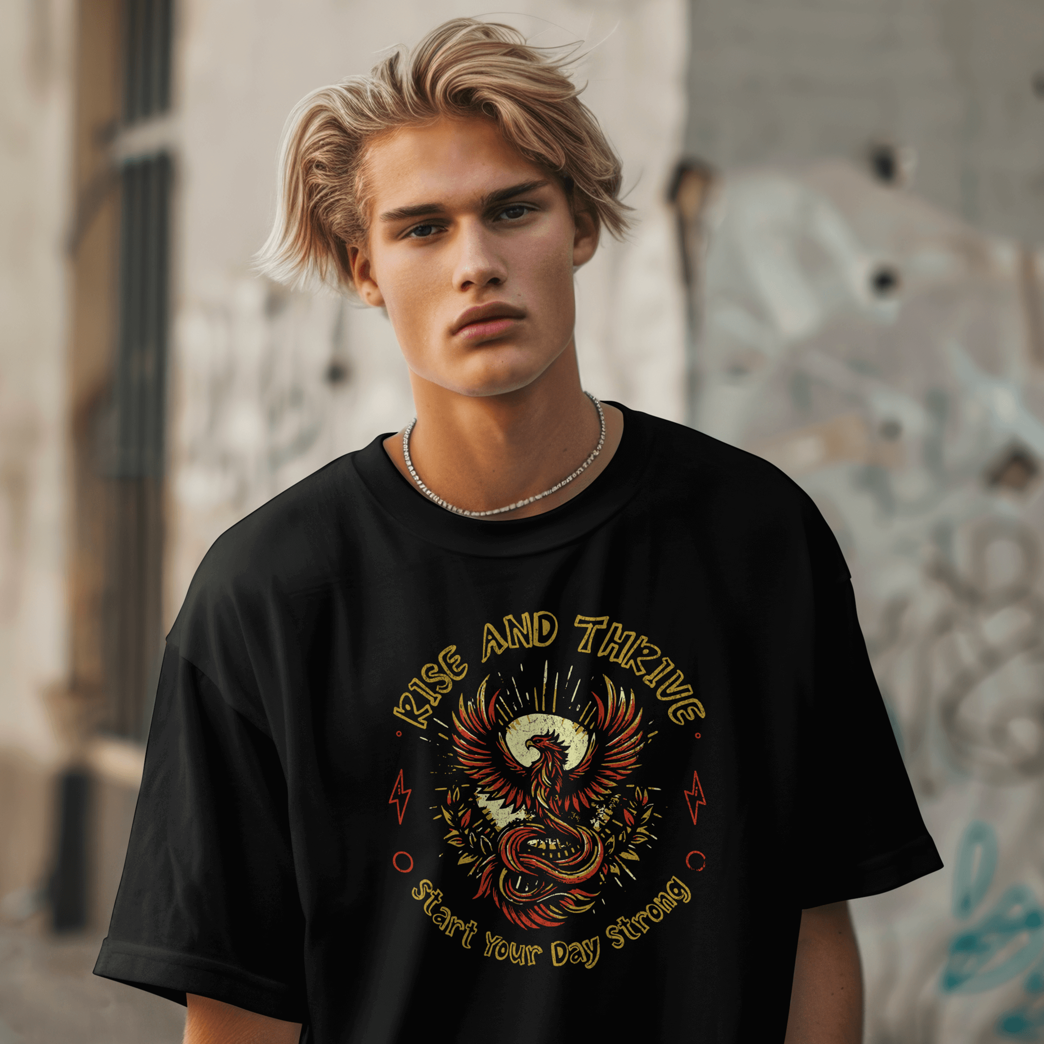 Person wearing a Black Rise and Thrive t-shirt
