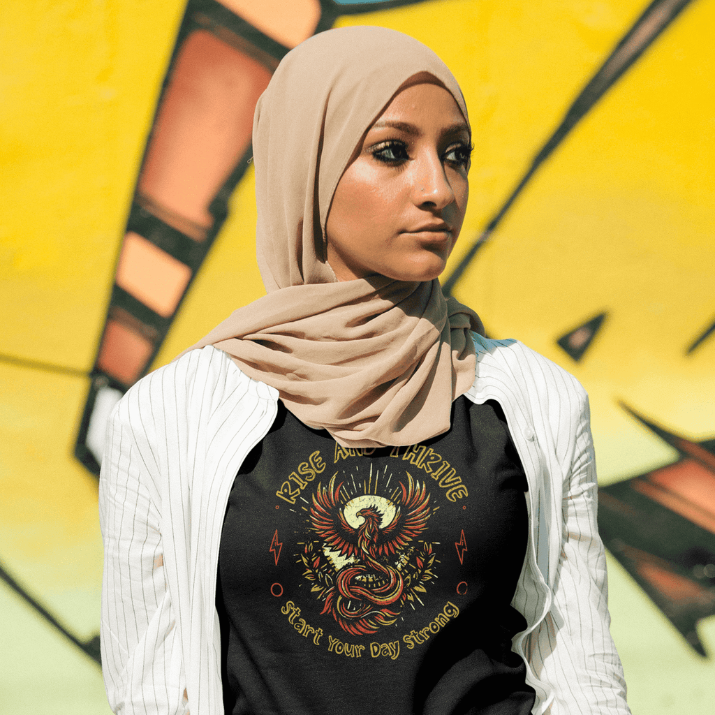 Front view Woman wearing a Black Rise and Thrive t-shirt