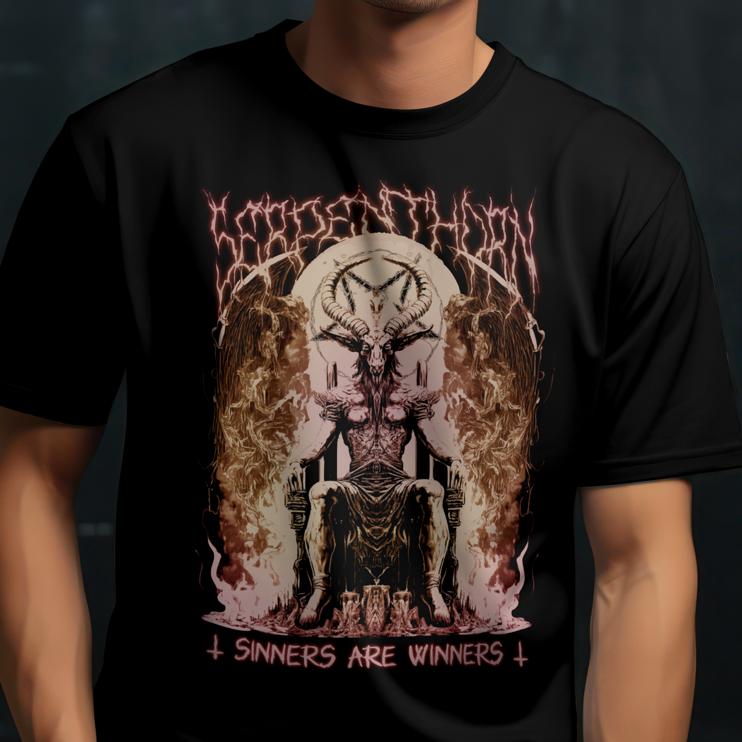 Person wearing a black t-shirt with a graphic design and text. Serpenthron Design front