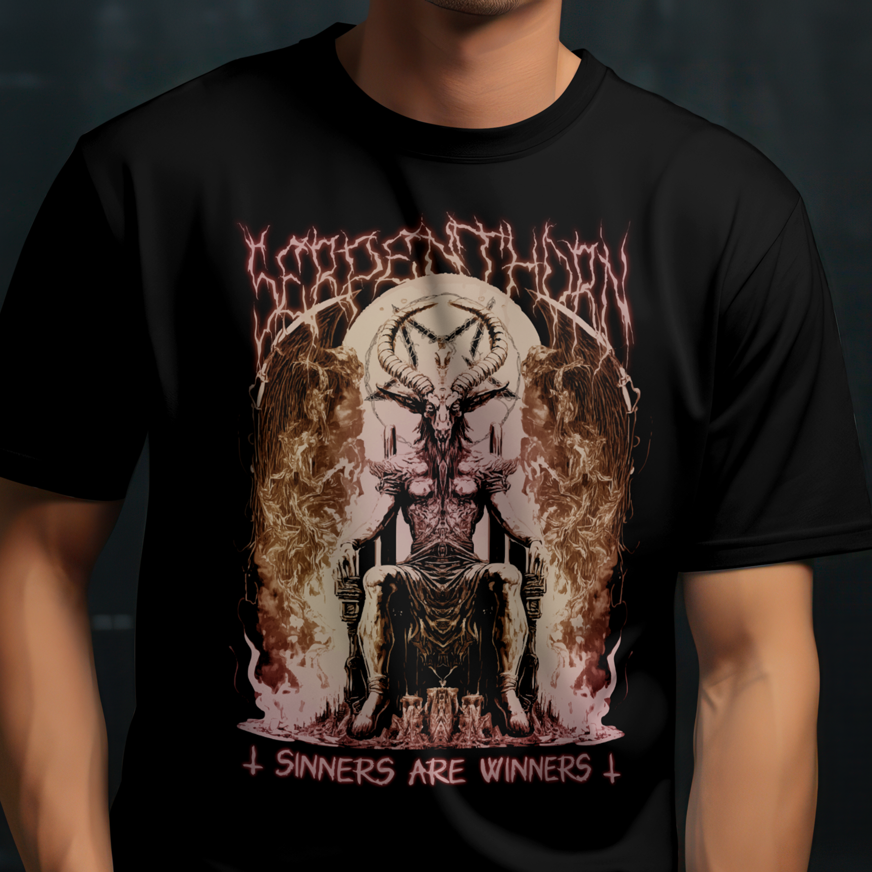 Person wearing a black t-shirt with a graphic design and text. Serpenthron Design front