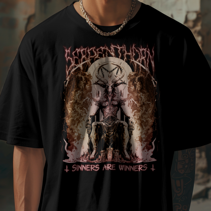 Person wearing a black t-shirt with graphic design in an urban setting