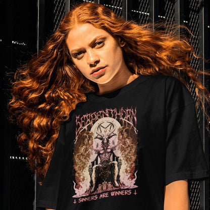 Person wearing a black t-shirt with graphic design against a dark  background Serpenthron Design